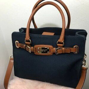 Michael Kors Canvas Hamilton Bag Blue & Tan Leather Trim